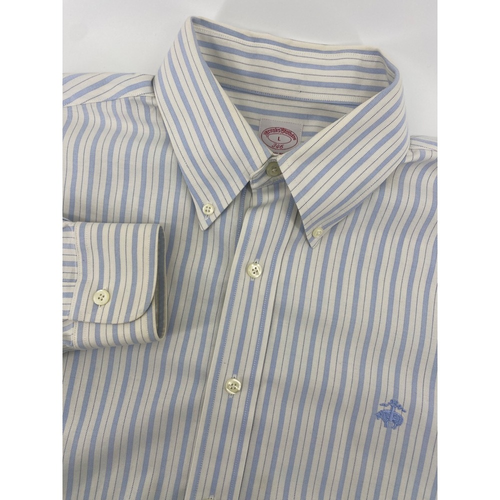 Brooks Brothers Button Down Shirt Mens L Blue White Striped Supima  346 Logo